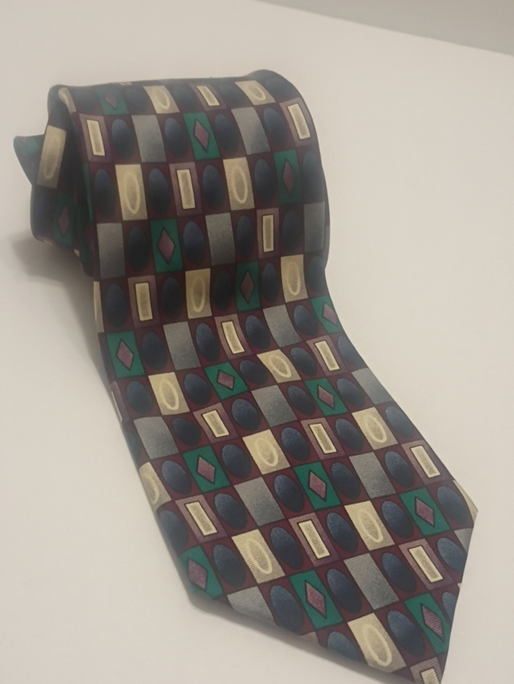 Men's Geometric Bardelli Tie in Burgundy, Navy & Green Italy Hand Made Silk 55"